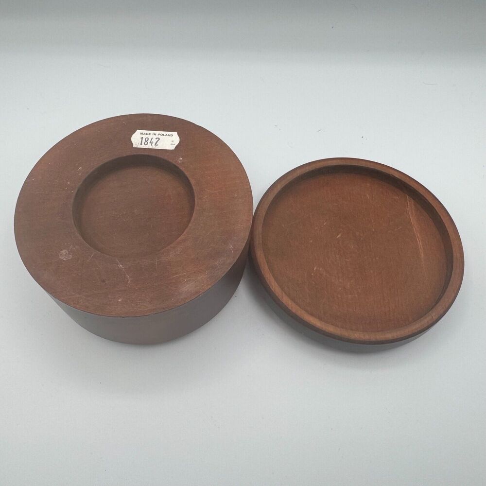 Carved Wood Trinket Lid Jewelry Box Brown 4.5" Diameter Made in Poland - Picture 6 of 6